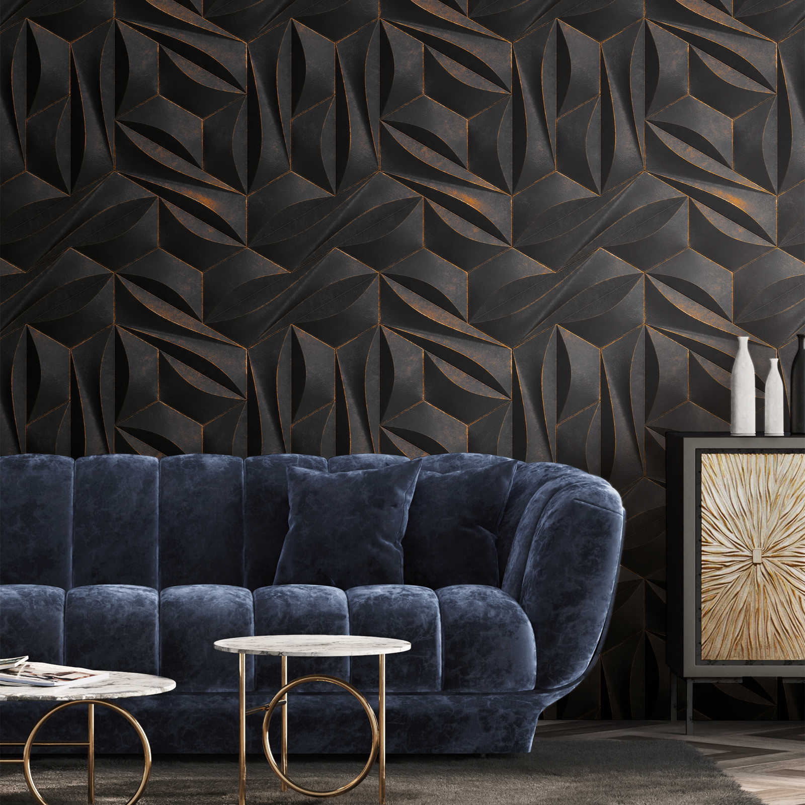         3D optics pattern wallpaper with metal look - anthracite, gold
    