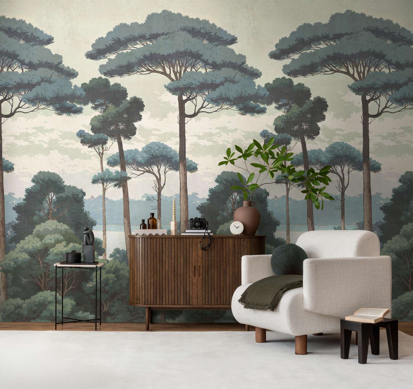 Wandtapete, Waldmotiv, Raumdeko, Wohnzimmerwand, Pflanzenarrangement