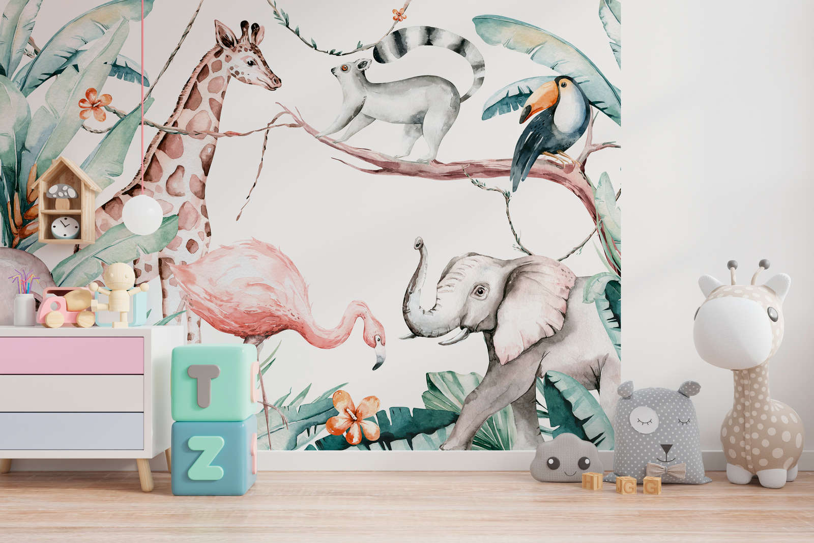             Fototapete mit Tieren aus dem Dschungel für Kinder – Bunt, Grün, Weiß
        