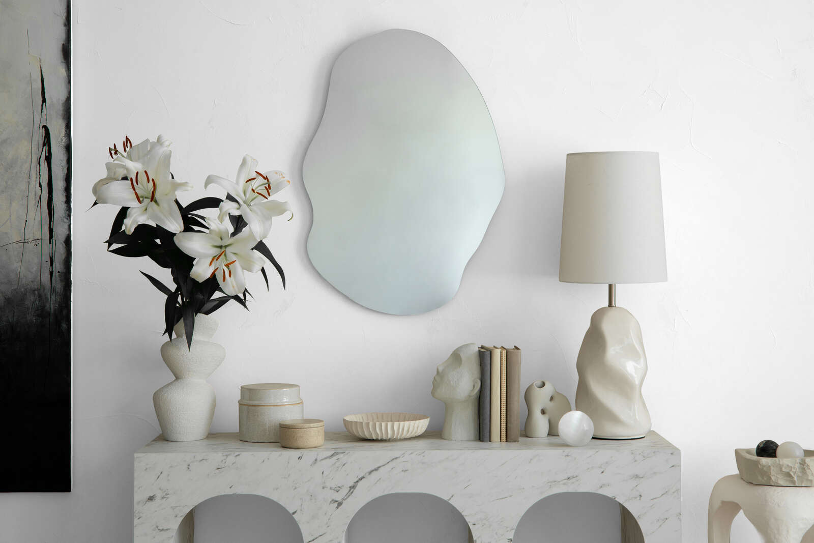 Skulptur, Vase, Blumenarrangement, Spiegel, Lampe