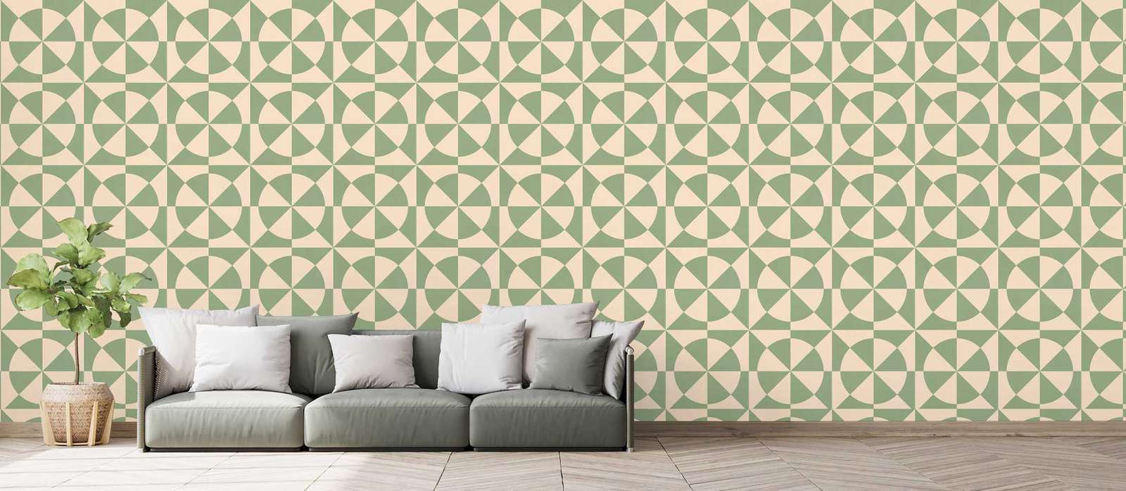 Vliestapete mit Kreismuster &amp; geometrischen Formen – Beige, Grün