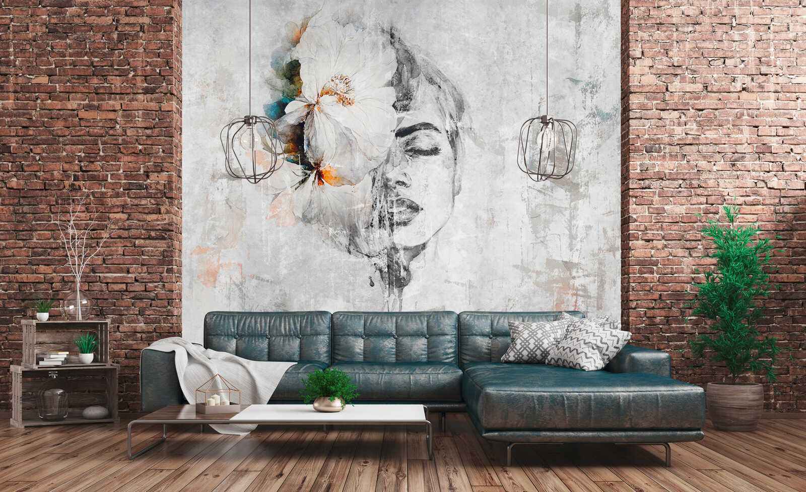         papier peint en papier panoramique élégance artistique - papier peint intissé avec portrait abstrait et accents floraux - multicolore
    