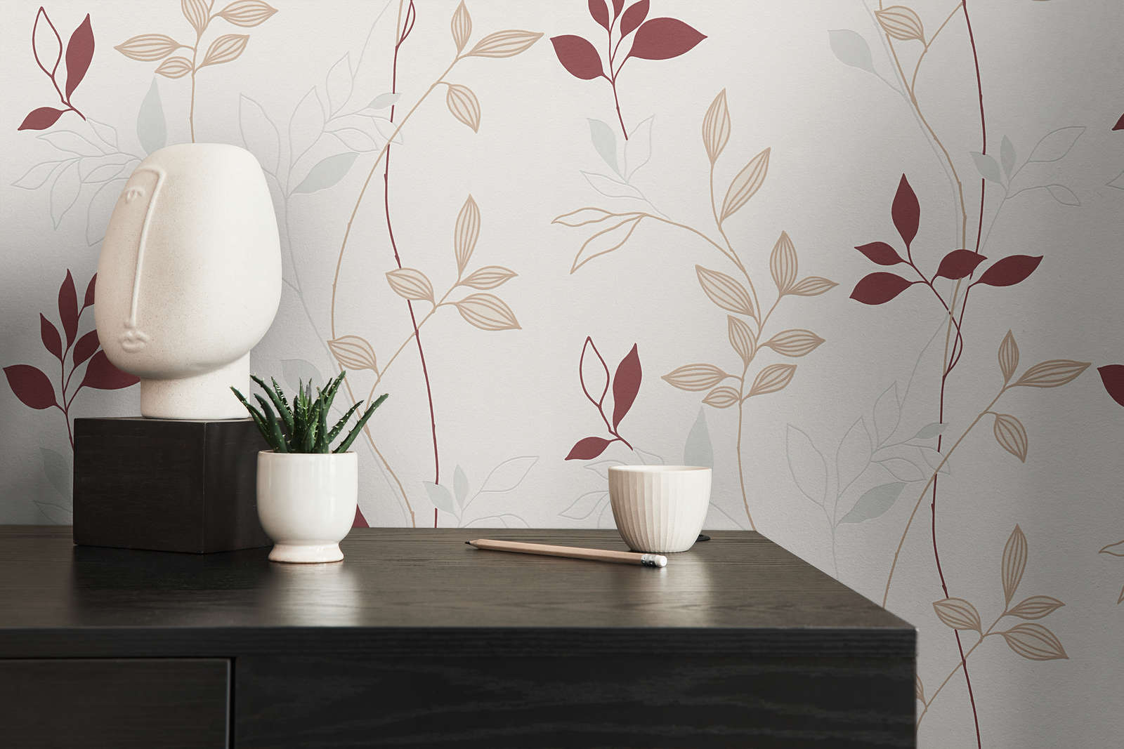             Tapete Blätter Muster strukturiert, farbige Akzente – Rot, Creme
        