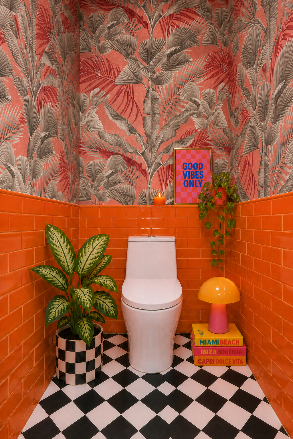 toilet, Badezimmer, Pflanze, oranger Fliesen, Tapete