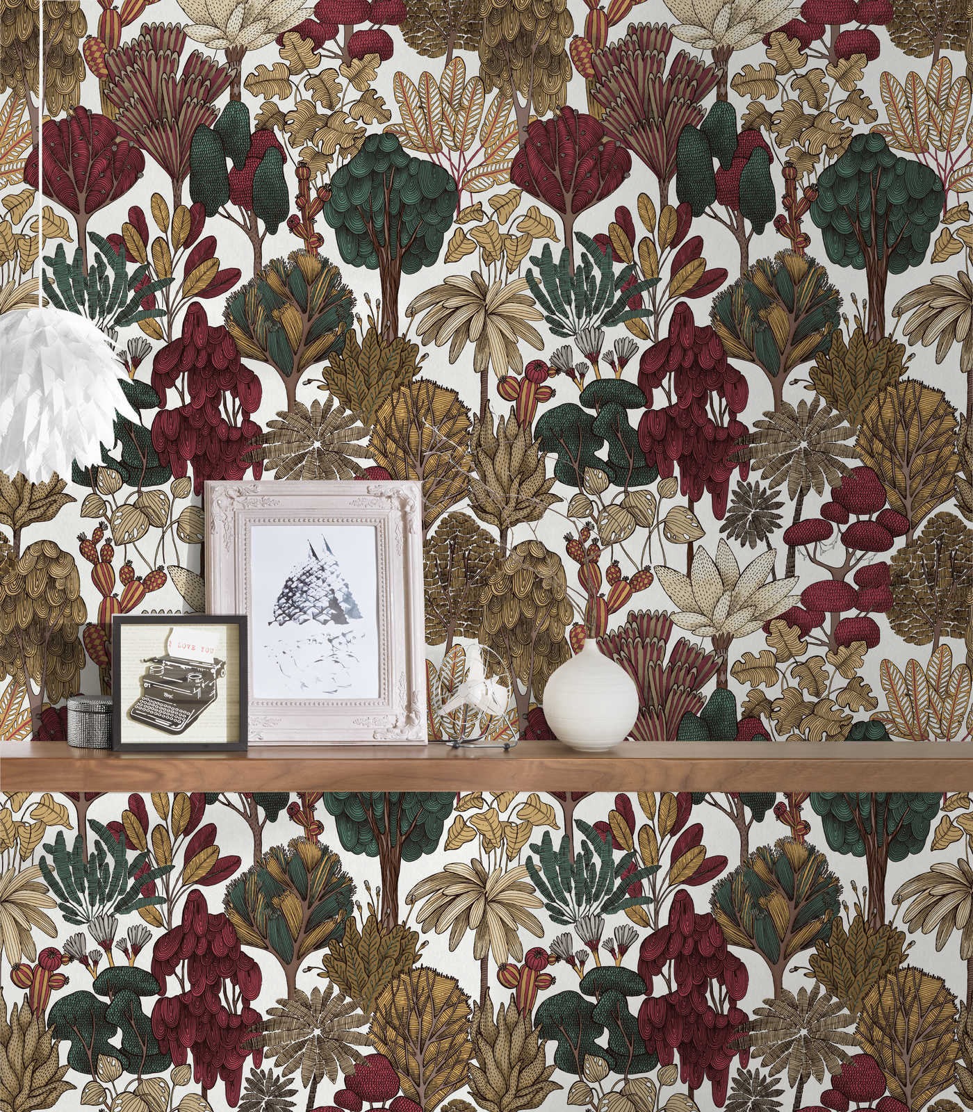             Moderne Tapete floral mit Bäumen im Zeichenstil – Rot, Beige, Braun
        