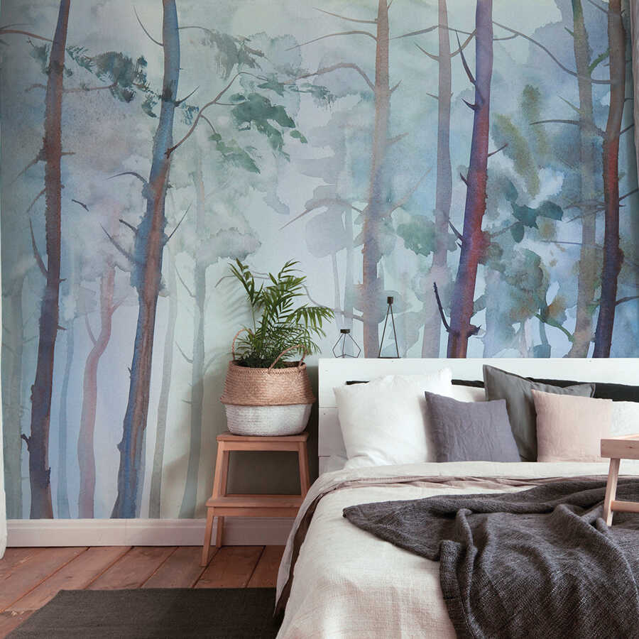 Wandtapete, Waldmotiv, Schlafzimmer, Pflanze, Holzboden
