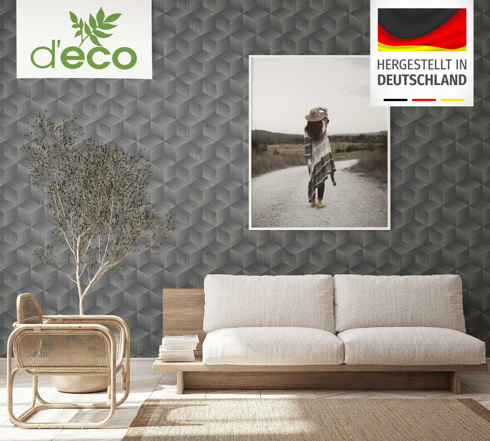 Sofa, Wohnzimmer, Wanddekor, gemusterte Tapete, gerahmtes Foto