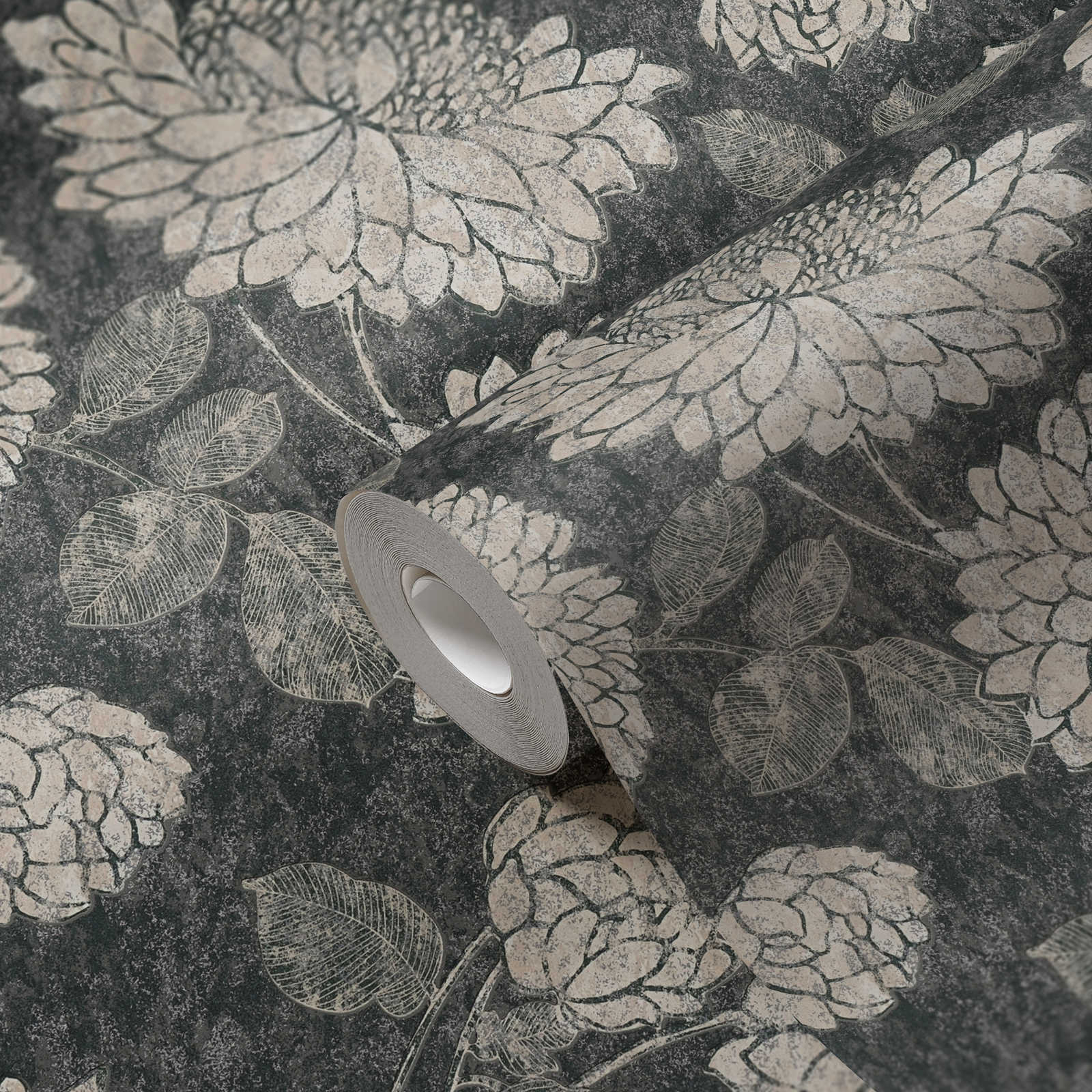             Pattern wallpaper with flowers with a slight sheen - black, white, silver
        
