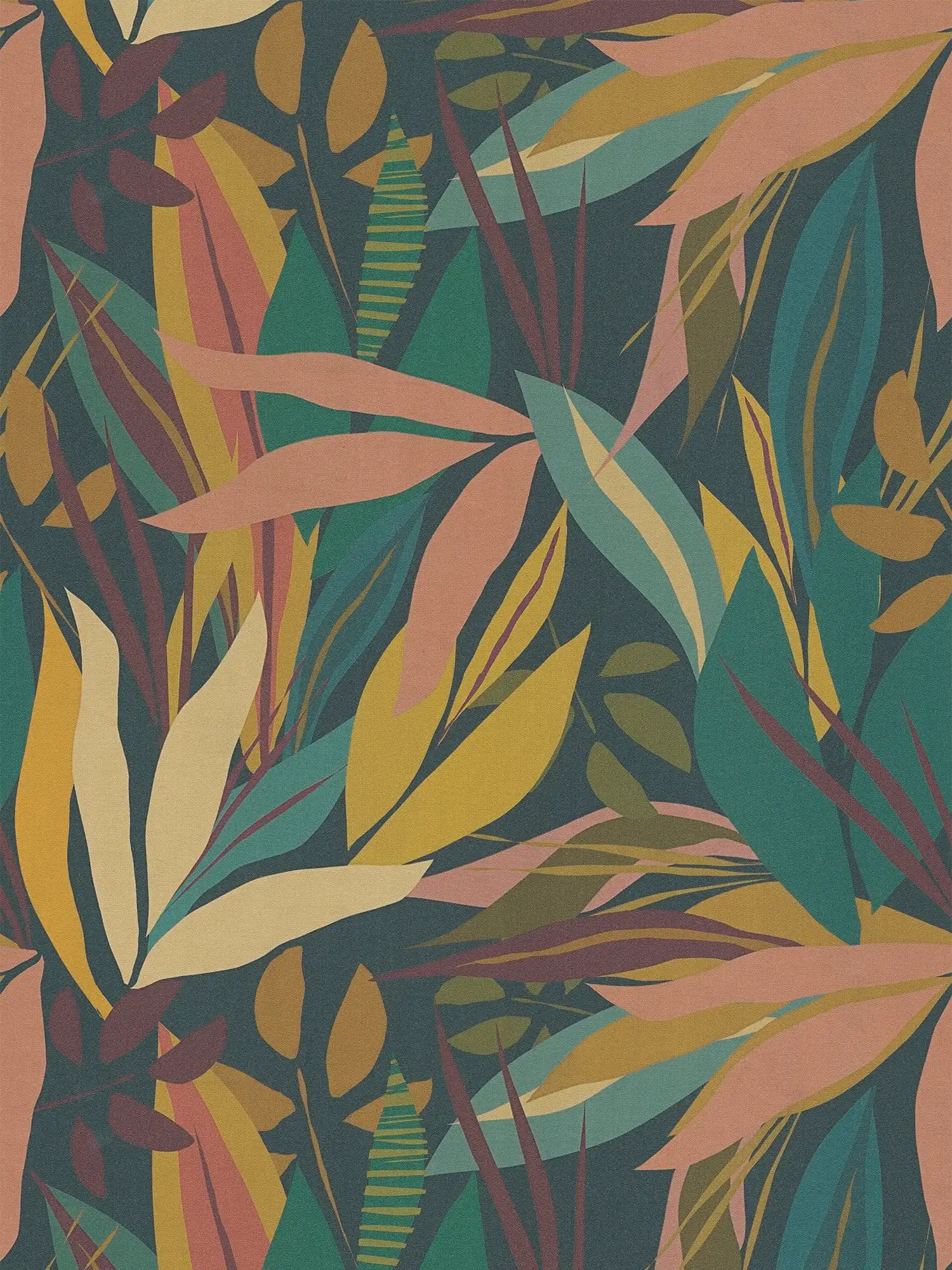         Wild non-woven wallpaper with striking leaf pattern, fine texture - green, yellow, blue
    