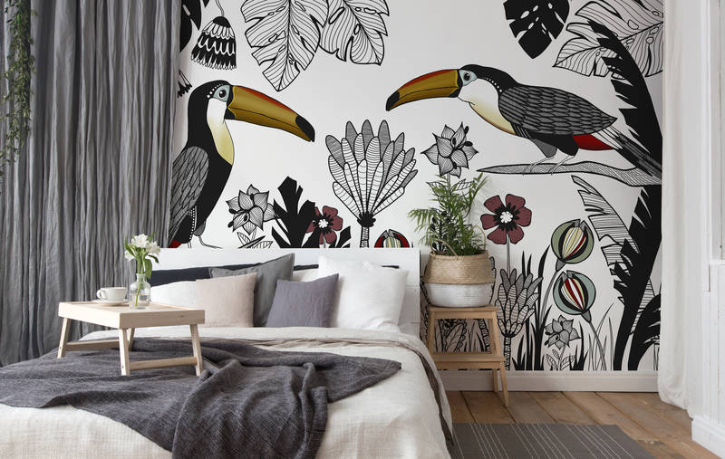             Vogel Fototapete Tukan mit tropischem Muster im Zeichenstil
        