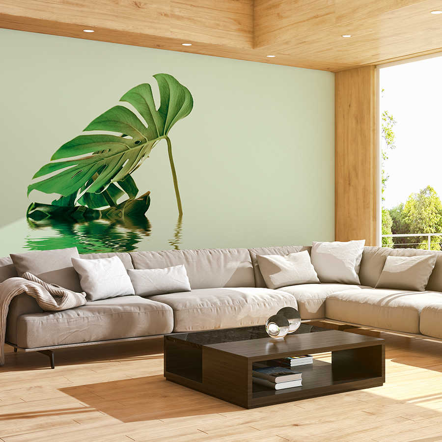 Wandtapete, Sofa, Wohnzimmer, Monstera-Blatt, Holzpaneel