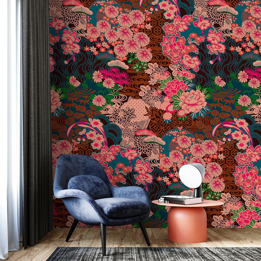         papier peint en papier »kimo 1« - art floral abstrait - rose, bleu | Intissé premium lisse et légèrement brillant
    