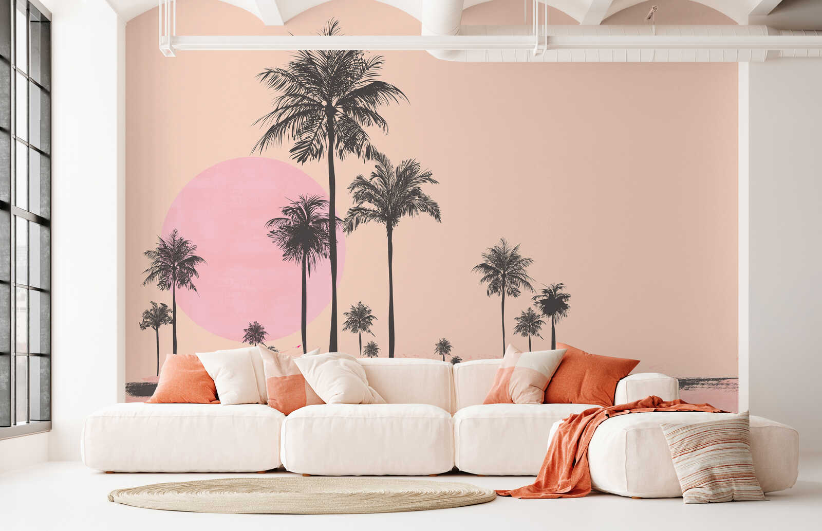 wohnzimmer, wandtapete, palmen, pink, sonnensymbol