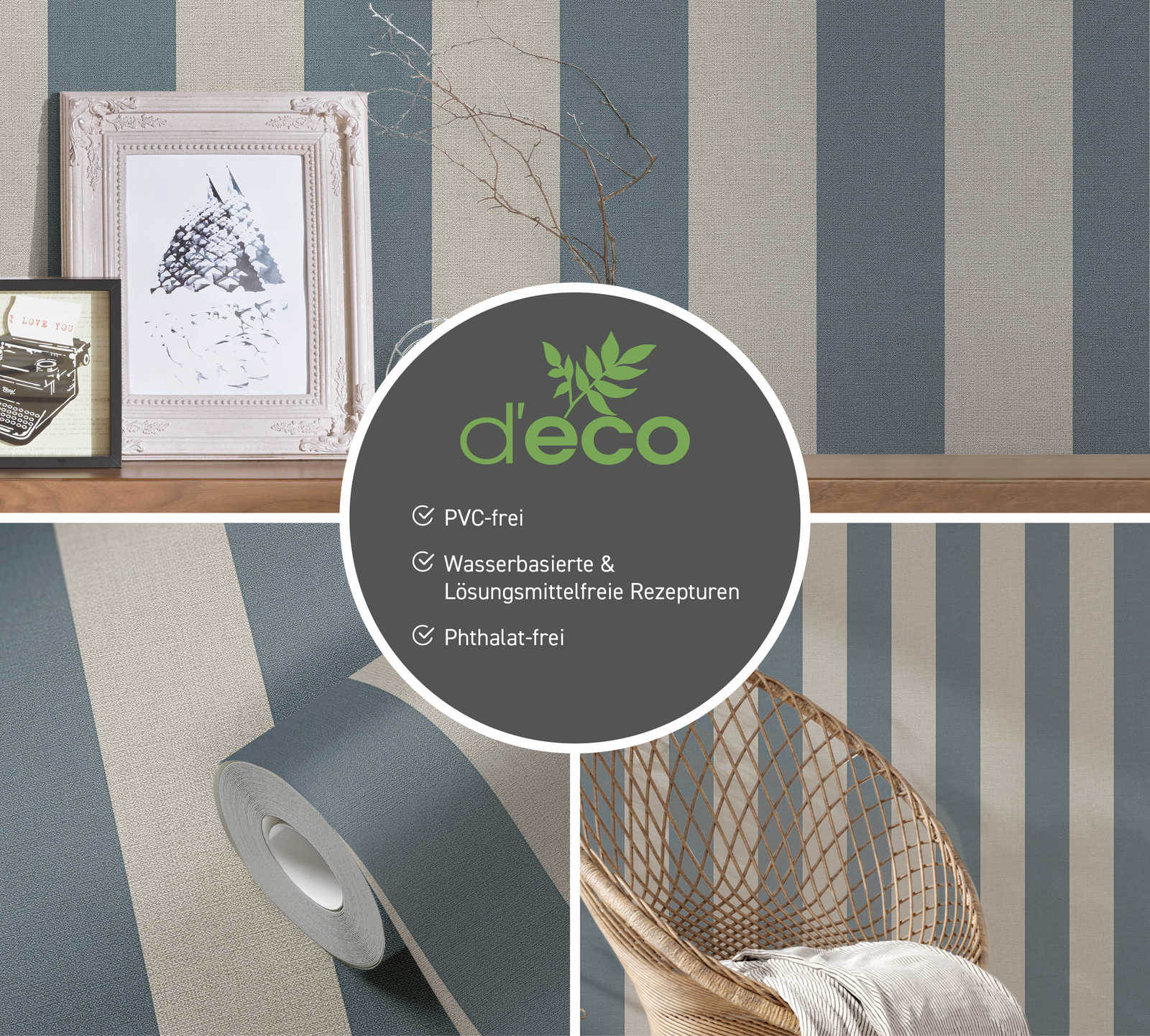             Streifentapete mit Leinenoptik PVC-frei – Blau, Braun
        