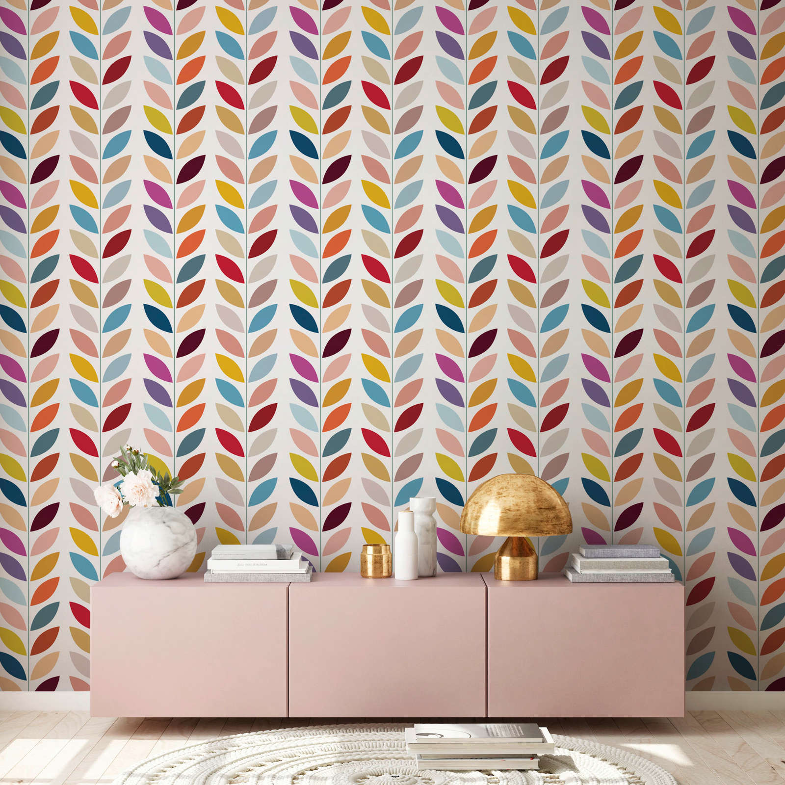 wallpaper,  Blattmuster,  mehrfarbig,  rosa schrank,  dekorative lampe