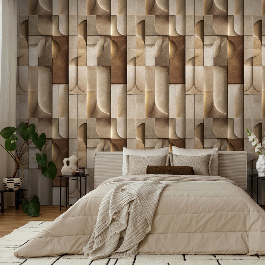 Betthaupt, Wandgestaltung, geometrische Muster, Erdfarben, Bettdecke