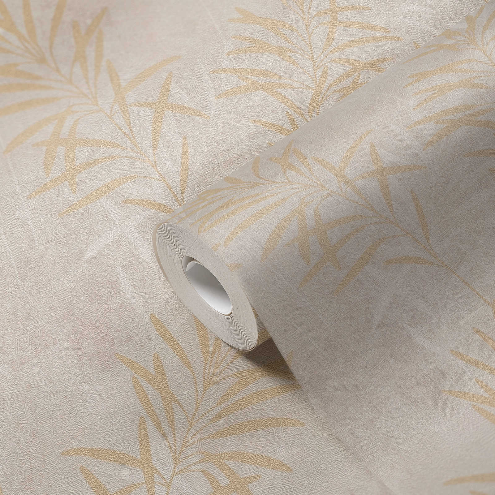             Vliestapete mit floralem Palmen-Muster – Creme, Grau, Gold
        