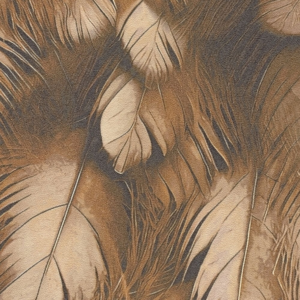             Luxuriöse Vliestapete mit elegantem Feder-Motiv im 3D Look – Kupfer, Orange
        