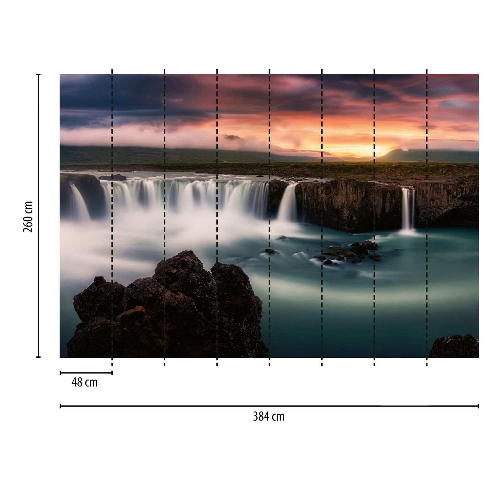             Fototapete Natur mit Wasserfall – Blau, Orange, Weiß
        