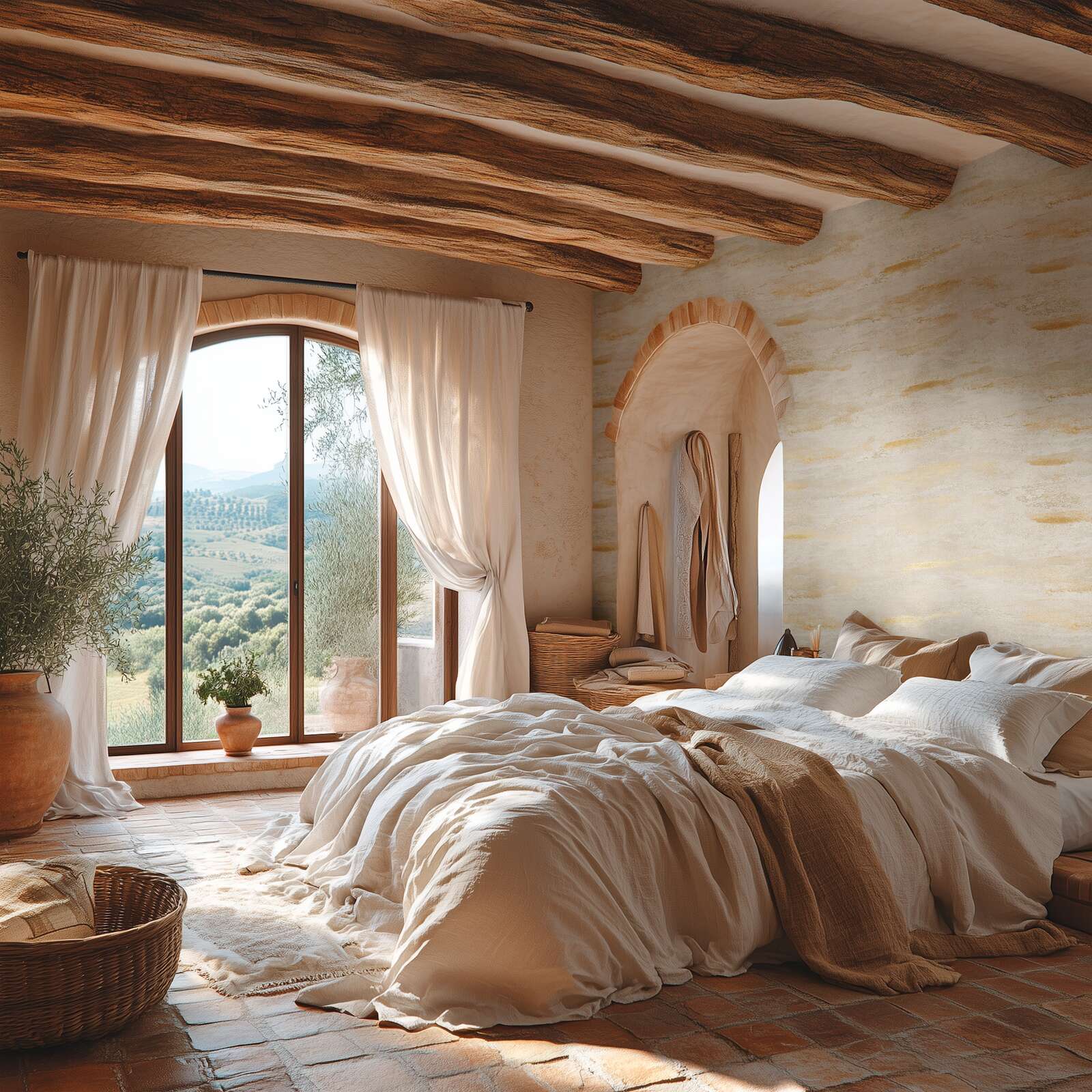             Gemütliche, einfach strukturierte Vliestapete mit natürlicher und schimmernder Wellenoptik – Creme, Grün, Gold
        