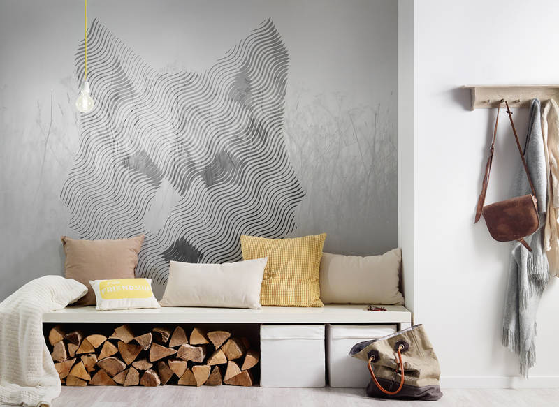             Muurschildering Meadow & Fox, natuurlijke designmix - grijs, wit, zwart
        