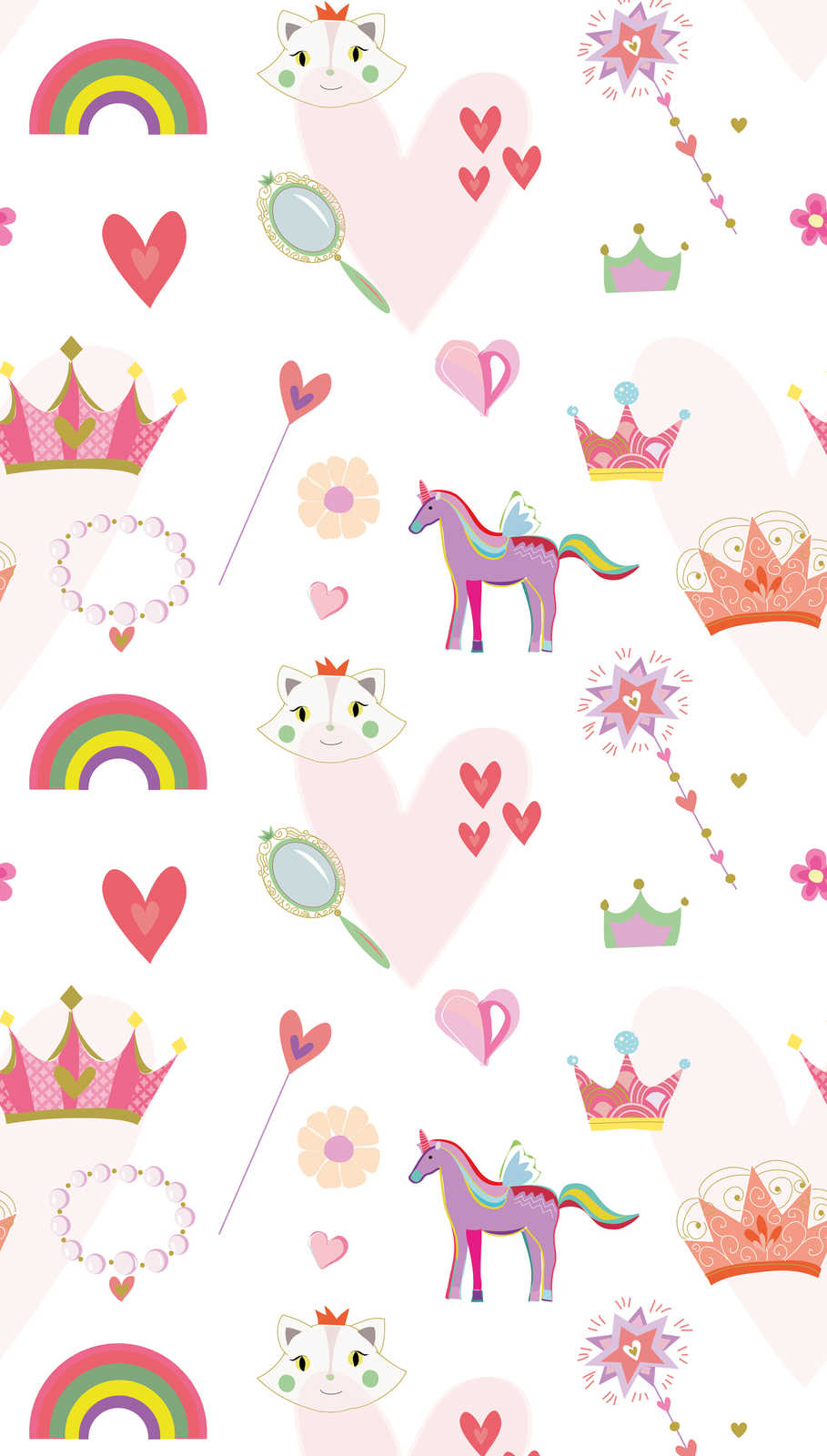             Kinder Tapete im Prinzessinnen Stil mit Herzen und Tieren – Bunt, Rosa, Weiß
        