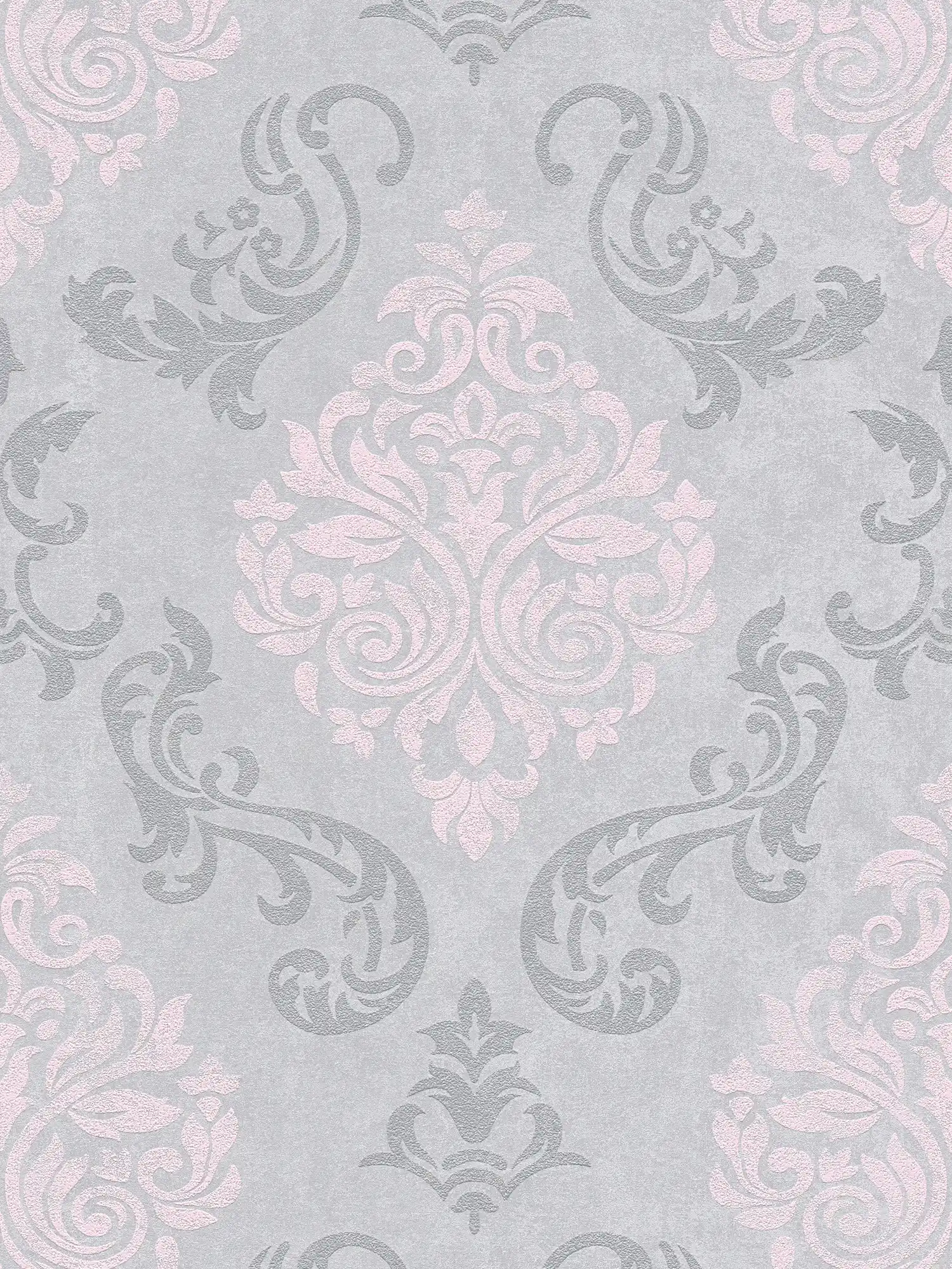 Ornaments wallpaper baroque style with glitter effect - grey, metallic, pink