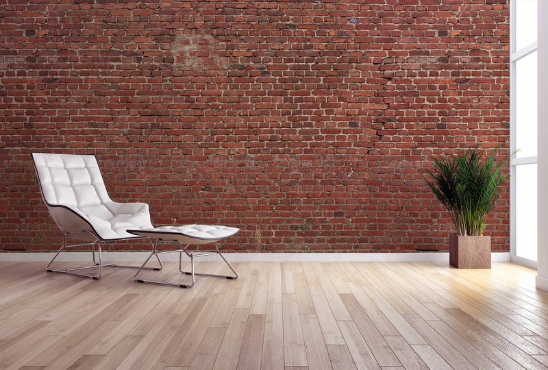 Sessel, Beistelltisch, Pflanze, Holzboden, Backsteinwand