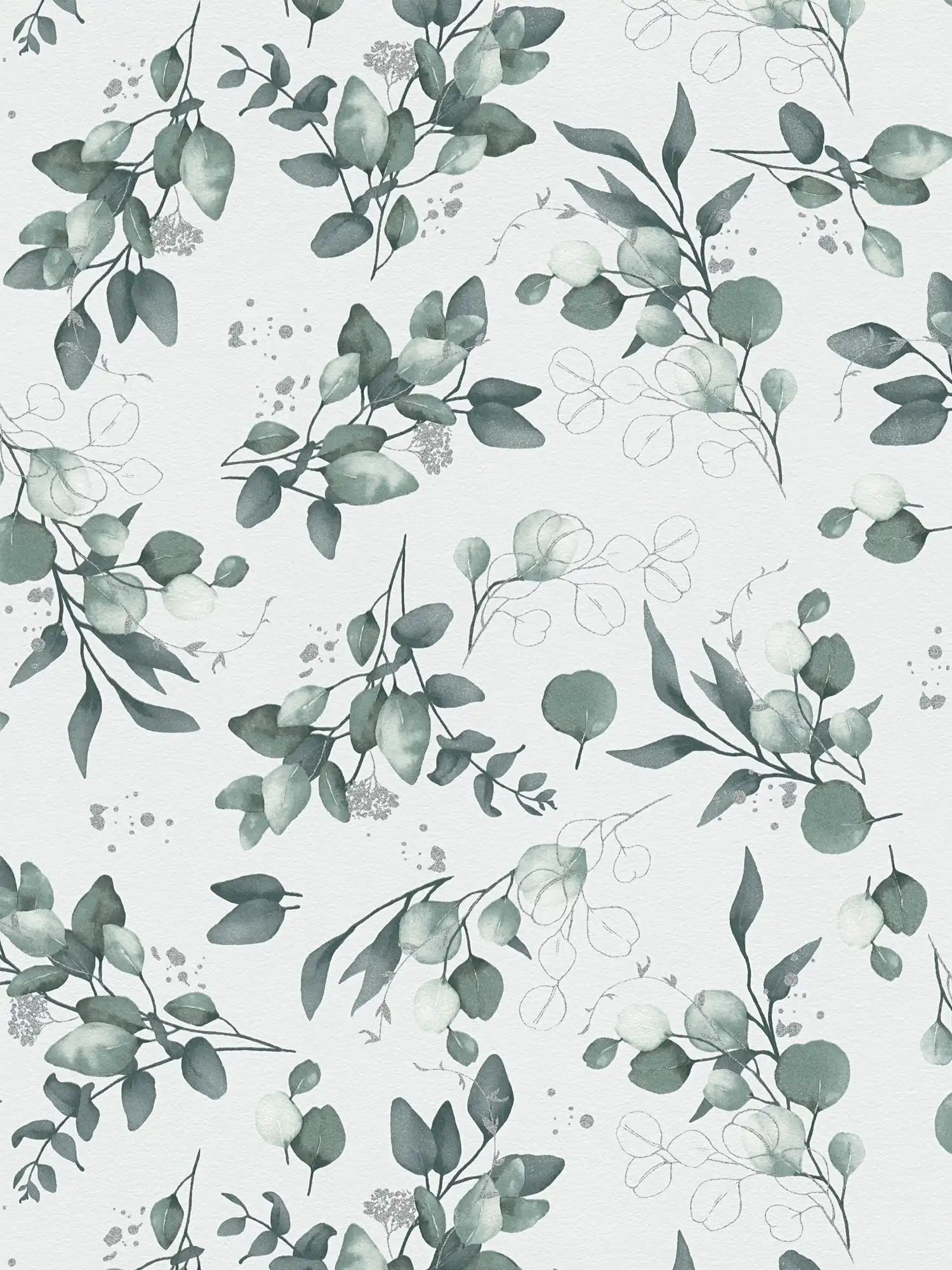 Smooth non-woven wallpaper with an elegant floral motif - white, green, silver