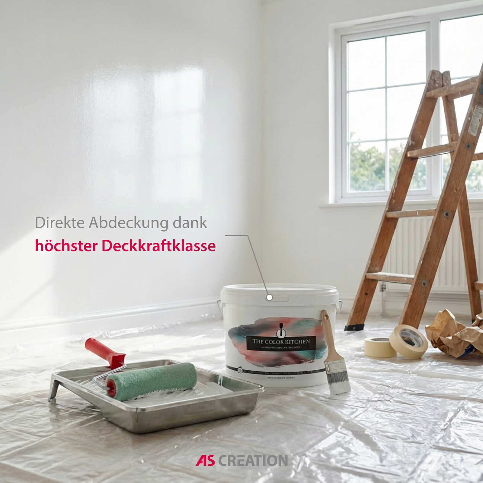 Angeneuer Anstrich, Eimer Farbe, Farbspritzwerkzeug, Roller, Lackierbedarf