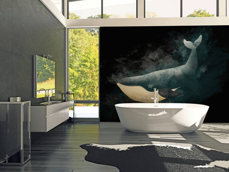 Badewanne, Freistehende Badewanne, Badezimmer, Wandbild-Wal, Schwarz-weiß Kontrast