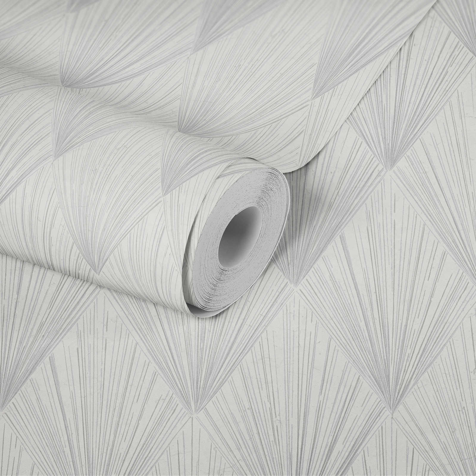            Mustertapete im modernen Art Déco Stil – Grau, Metallic, Weiß
        