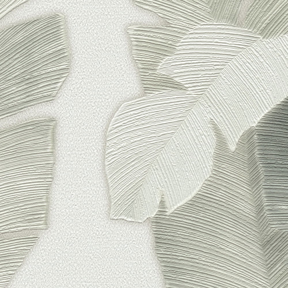             Vliestapete mit Palmenblättern in heller Farbe – Weiß, Grün, Blau
        