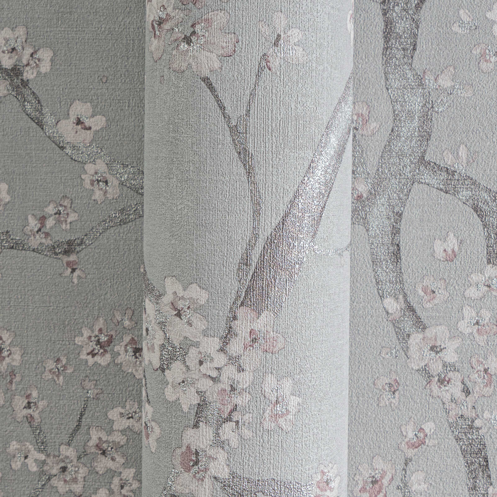 Zeitlose Vliestapete mit Kirschblüten-Design und feiner Struktur – Grau, Rosa, Schwarz