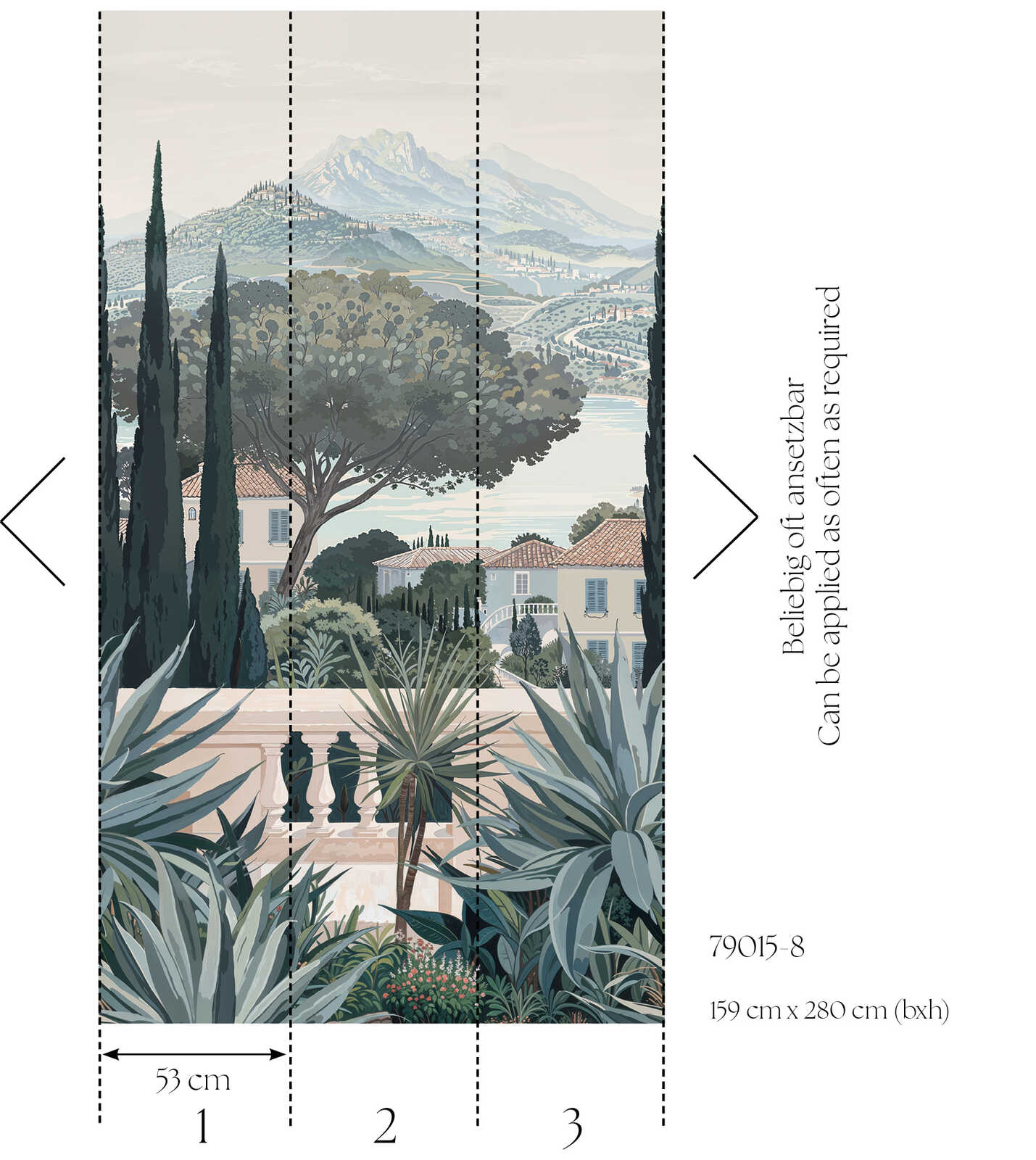             Vliestapeten Panel "Tuscan Garden" 159cm Breite x 280cm Höhe - Toskanische Landschaft mit See und Sträuchern, glatt – Grün, Blau
        