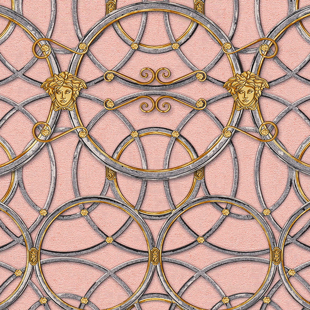             VERSACE Home Tapete Kreismuster und Medusa – Silber, Gold, Rosa
        