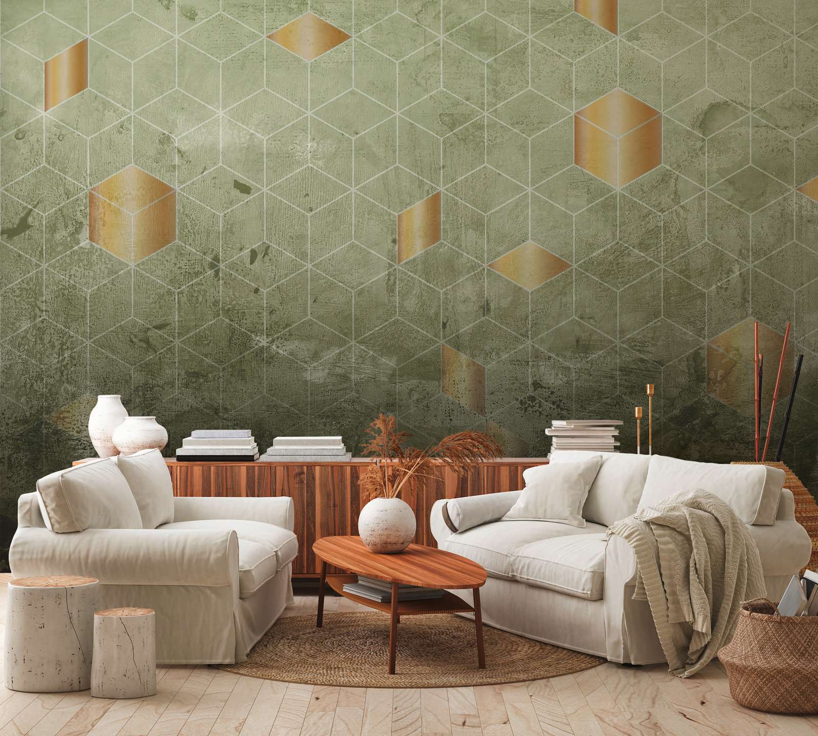 teppich, wandtattoo, geometrisch, grün, wohnzimmer