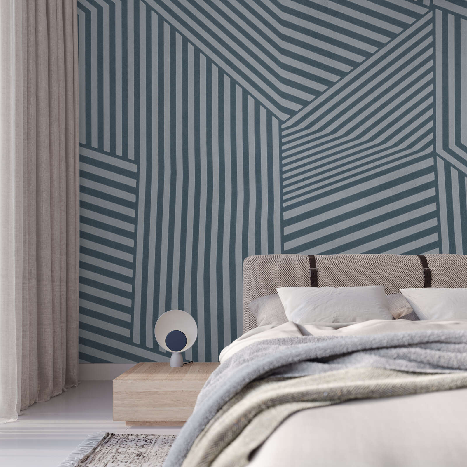 Wandtapete, Geometrisches Muster, Blau Wand, Hauptfarbe Blau, Nachttisch