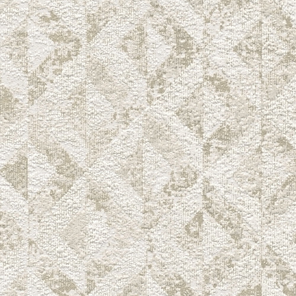             Bemusterte Tapete mit abstrakten Ornamenten – Weiß, Gold
        