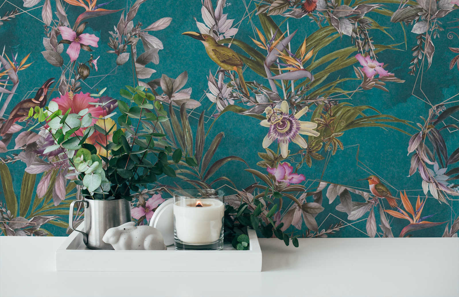            Jungle wallpaper tropical flowers & birds - turquoise, green, colourful
        