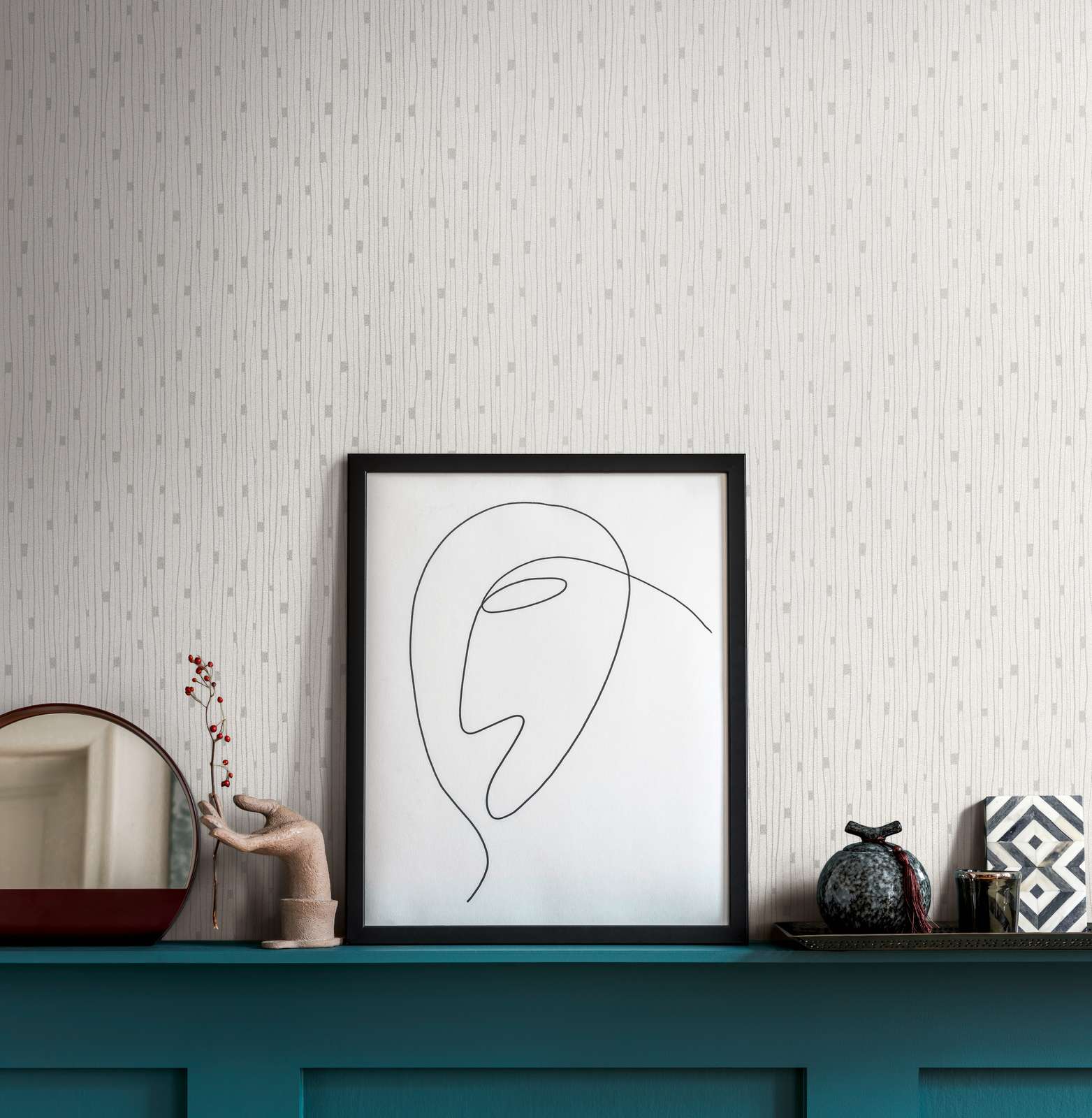             Retro Tapete 50er Jahre Linienmuster – Weiß, Metallic
        