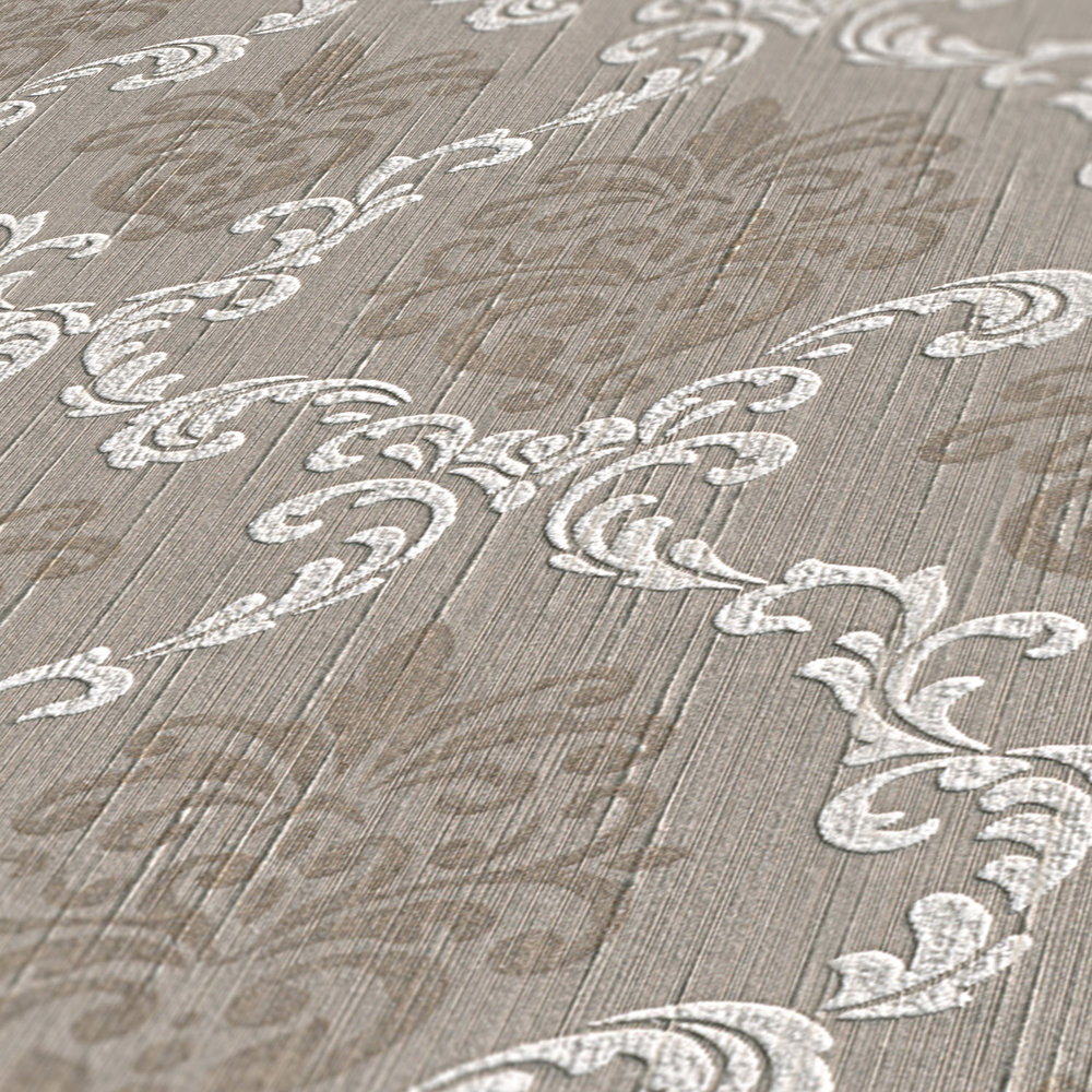             High quality non-woven wallpaper with real textile ornament design in colonial style - beige, grey
        