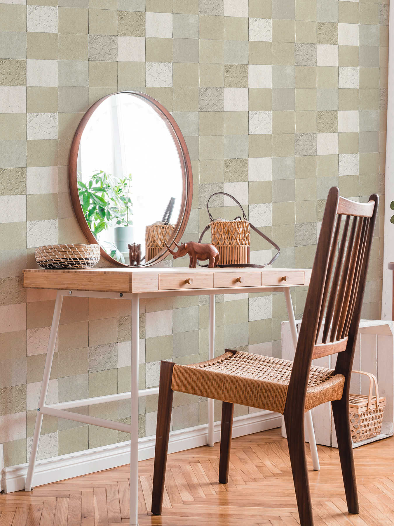             Fliesen-Tapete orientalisches Mosaik – Creme, Grau
        