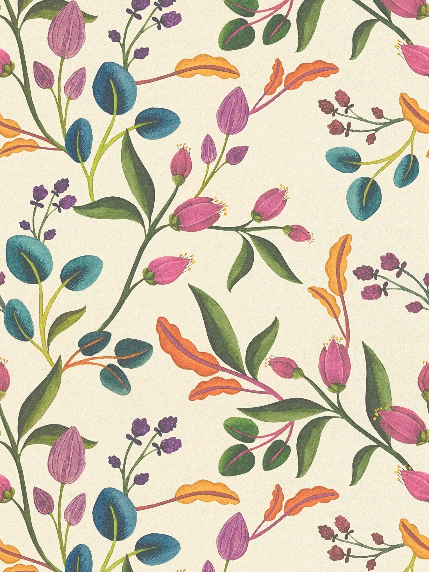         Lebhafte Vliestapete mit Blättermotiv im floralen Vintage-Stil und einfacher Struktur – Beige, Bunt
    