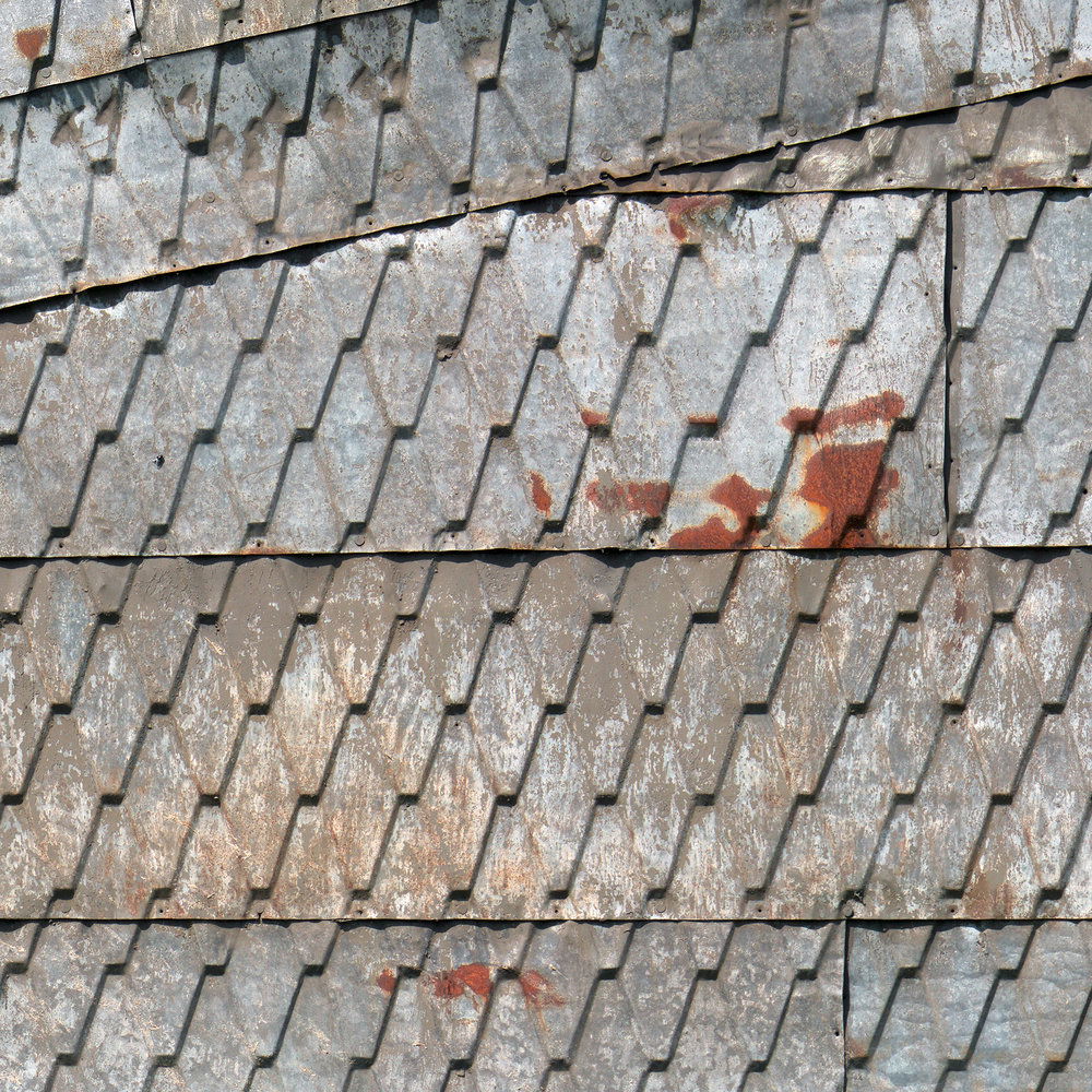             Metall Design Fototapete – Vliestapete mit Schindelmuster und Used-Effekt – Grau, Rot, Braun
        