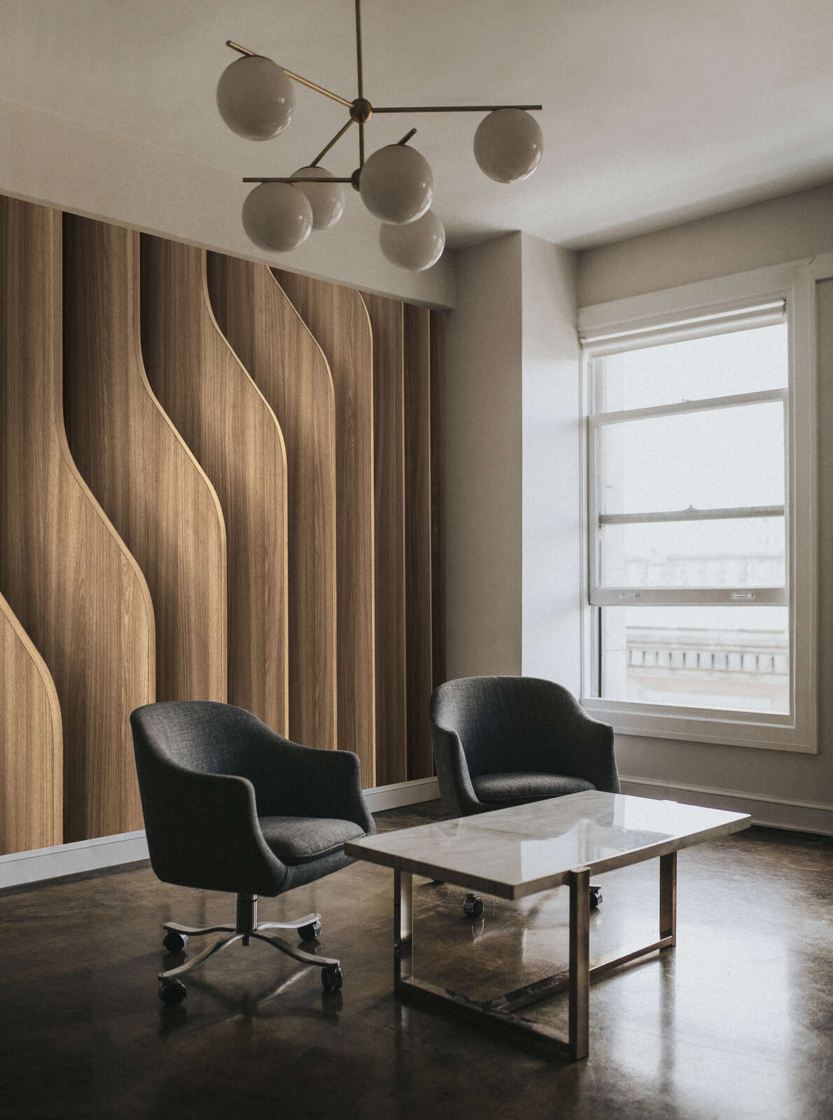 wohnzimmer, sessel, tisch, designwand, bodenbelag