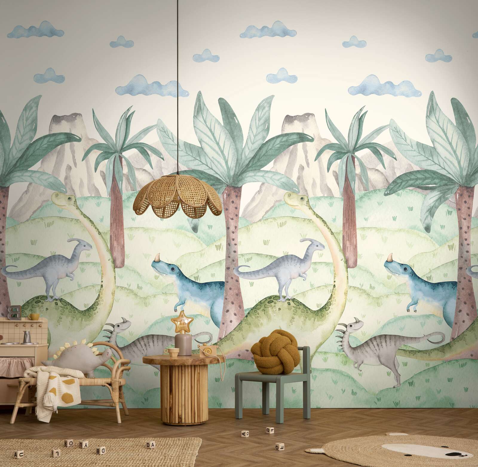 Dinosaurien-Wandbild, Wandteppich, Kinderzimmer-Dekor, Palmenwald-Malerei, Lampenschirm-Holz