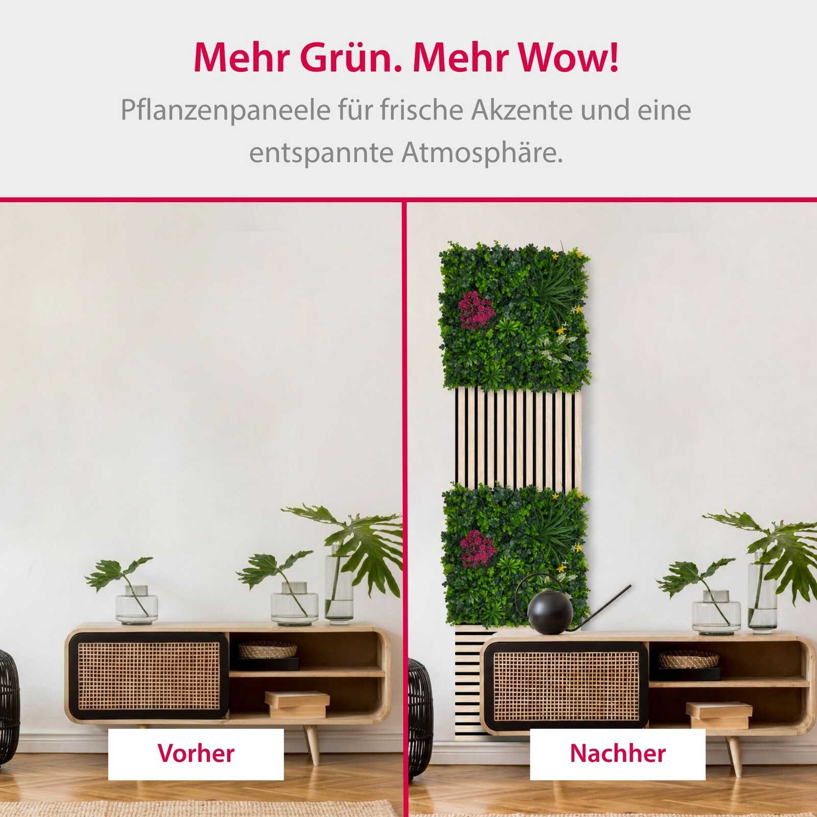 wohnzimmer, wanddeko, pflanzenwand, moebel, gruen
