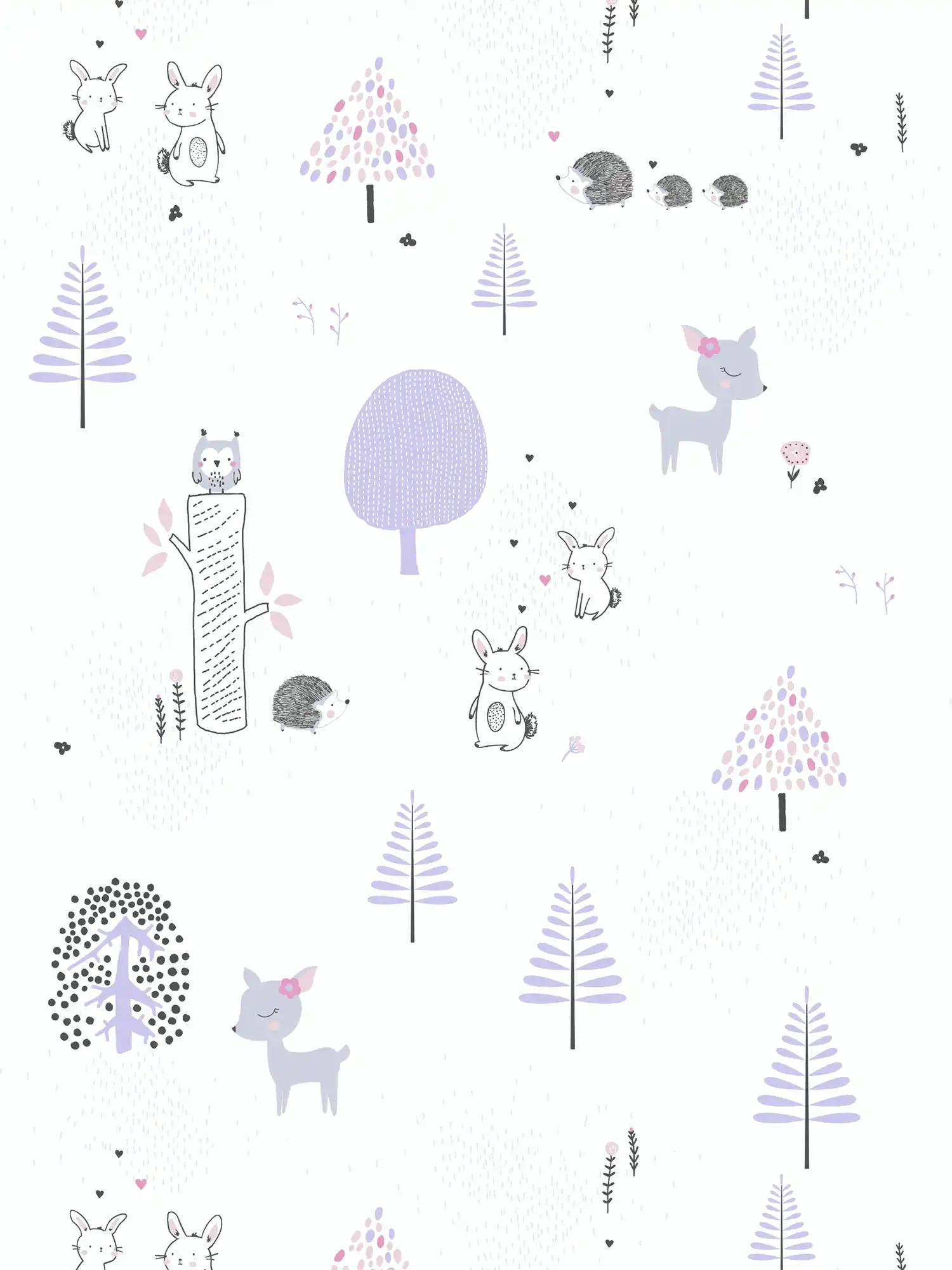        Papier peint chambre enfants forêt animaux - violet, blanc, gris
    