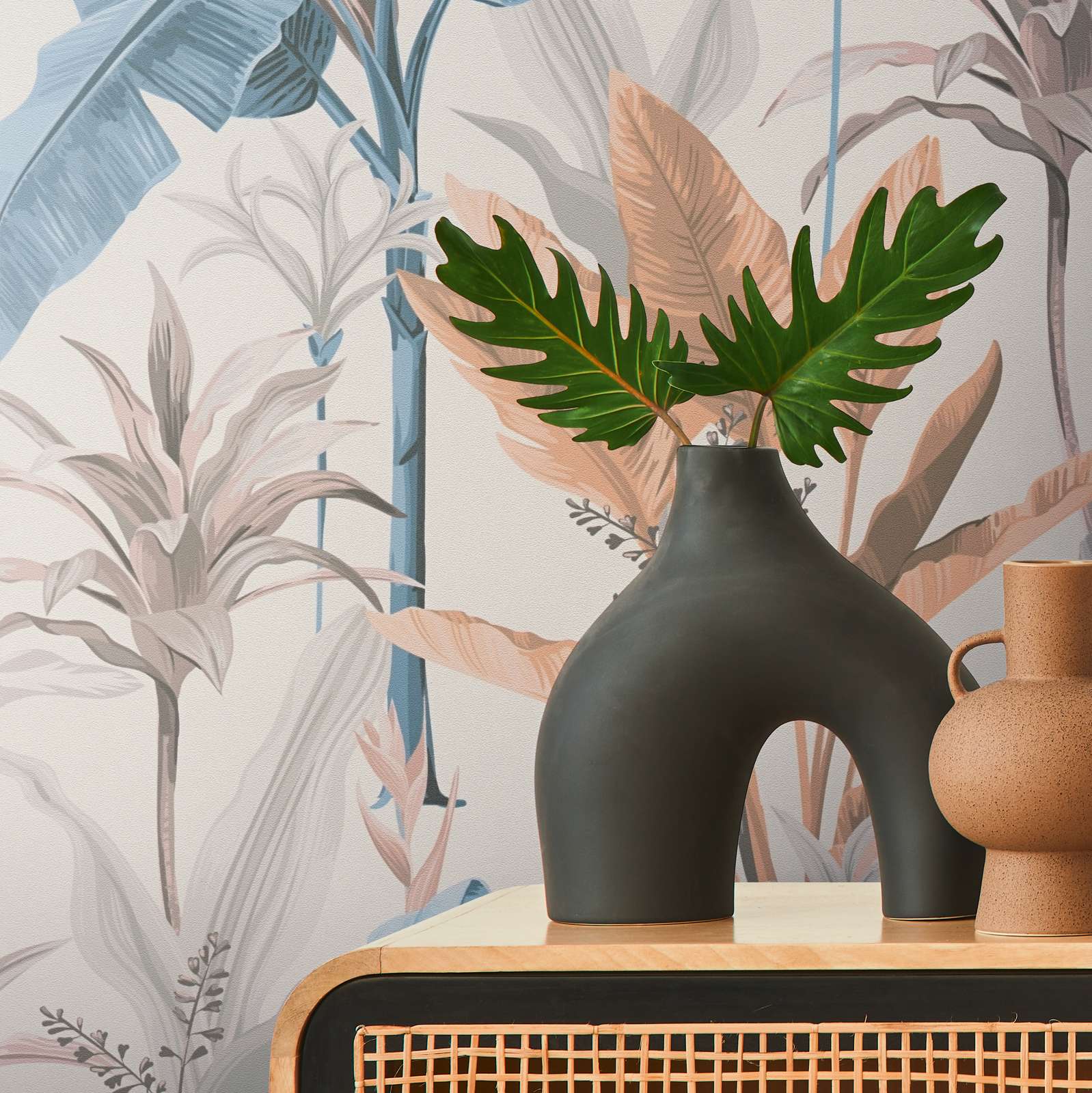             Detaillierte florale Vliestapete mit Blätter Muster - Blau, Grau, Creme
        